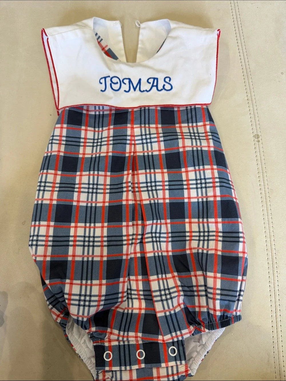 DONDOLO Personalized “TOMAS” Navy & Red Plaid Baby Romper with White Bib
